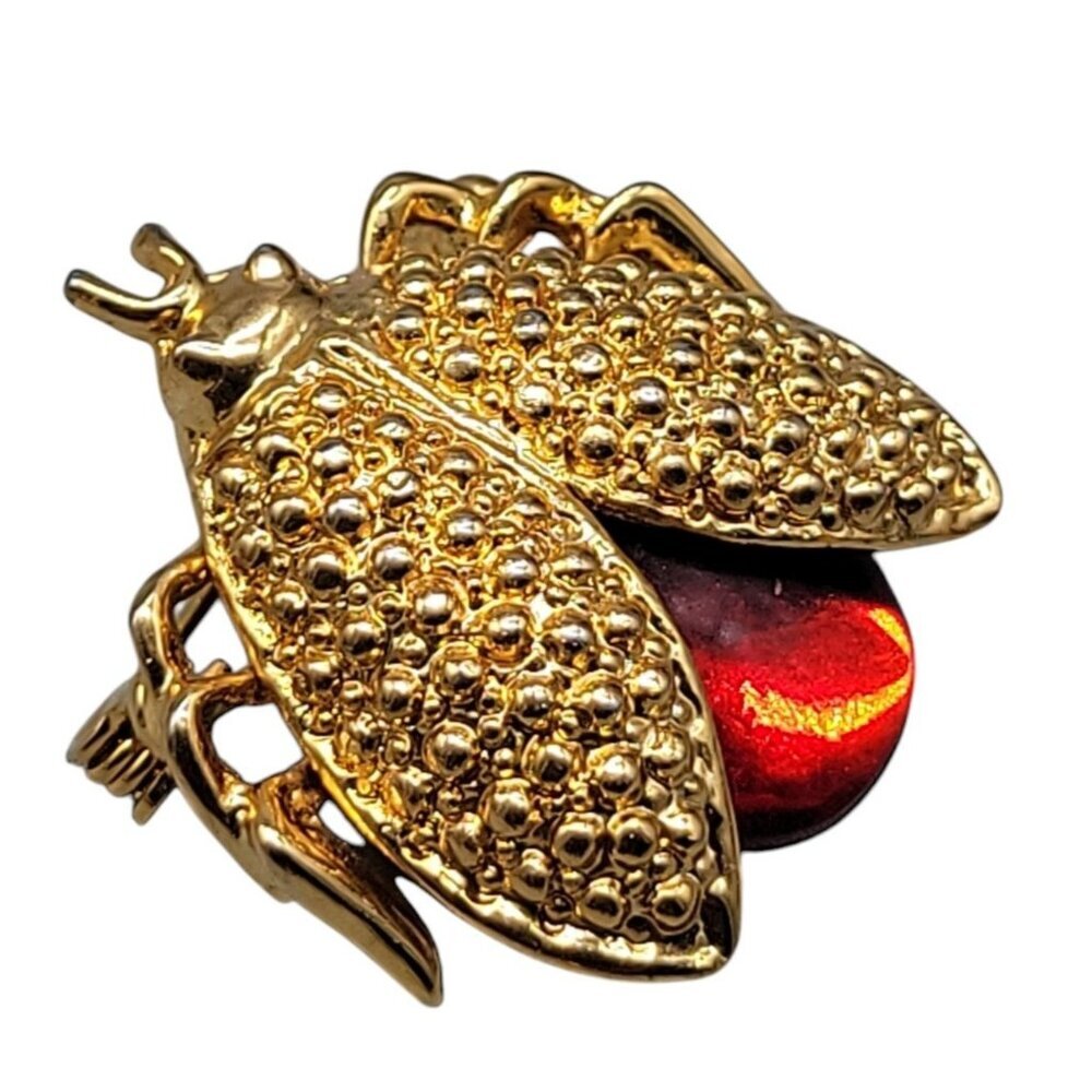 Red Belly Beatle Textured Gold Tone Vintage Jelly Belly Bug